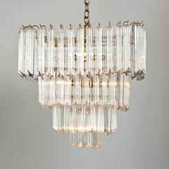 A Four Tiered Square Shaped Brass Framed Glass Chandelier 1970s