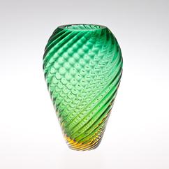 A Green and Amber Twisted Vase with Raised Ribbon Detail