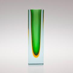 A Large Square Murano Sommerso Glass vase with a Green Centre