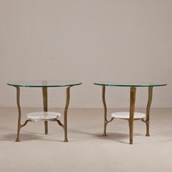 A Pair of Marble and Glass Tiered Side Tables