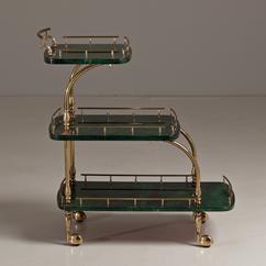 A Rare Aldo Tura Green Lacquered Goatskin Bar Cart 1950s