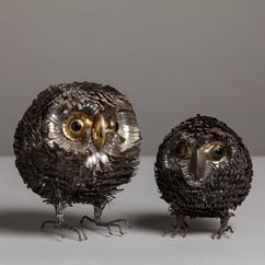 A Small Spiked Metal Owl Sculpture 1970s