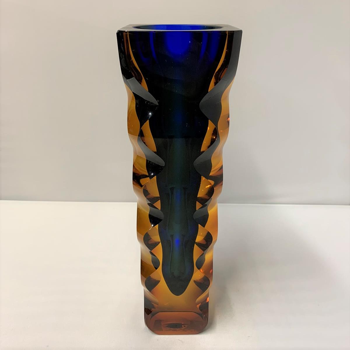 Talisman A Large Czech Blue And Rich Amber Fused Glass Vase By Exbor